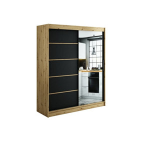Leto V2 Contemporary 2 Sliding Mirror Door Wardrobe 9 Shelves 2 Rails Black Matt and Oak Effect (H)2000mm (W)1800mm (D)620mm