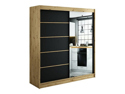 Leto V2 Contemporary 2 Sliding Mirror Door Wardrobe 9 Shelves 2 Rails Black Matt and Oak Effect (H)2000mm (W)2000mm (D)620mm