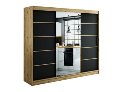 Leto V2 Contemporary 2 Sliding Mirror Door Wardrobe 9 Shelves 2 Rails Black Matt and Oak Effect (H)2000mm (W)2500mm (D)620mm
