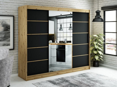 Leto V2 Contemporary 2 Sliding Mirror Door Wardrobe 9 Shelves 2 Rails Black Matt and Oak Effect H 2000mm W 2500mm D 620mm