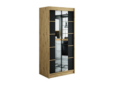 Leto V4 Contemporary 2 Sliding Mirror Door Wardrobe 5 Shelves 2 Rails Black Matt and Oak Effect (H)2000mm (W)1000mm (D)620mm