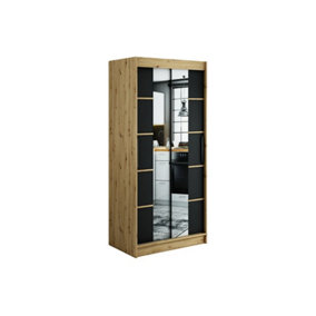 Leto V4 Contemporary 2 Sliding Mirror Door Wardrobe 5 Shelves 2 Rails Black Matt and Oak Effect (H)2000mm (W)1000mm (D)620mm