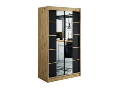 Leto V4 Contemporary 2 Sliding Mirror Door Wardrobe 5 Shelves 2 Rails Black Matt and Oak Effect (H)2000mm (W)1200mm (D)620mm