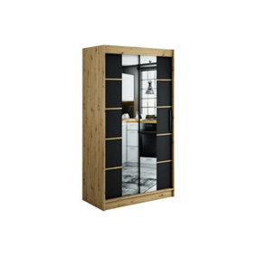 Leto V4 Contemporary 2 Sliding Mirror Door Wardrobe 5 Shelves 2 Rails Black Matt and Oak Effect (H)2000mm (W)1200mm (D)620mm