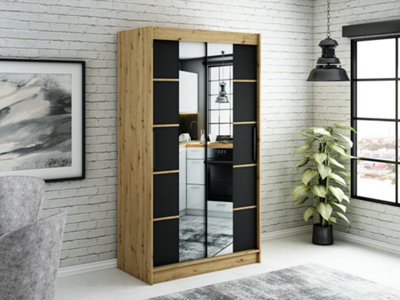 Leto V4 Contemporary 2 Sliding Mirror Door Wardrobe 5 Shelves 2 Rails Black Matt and Oak Effect (H)2000mm (W)1200mm (D)620mm