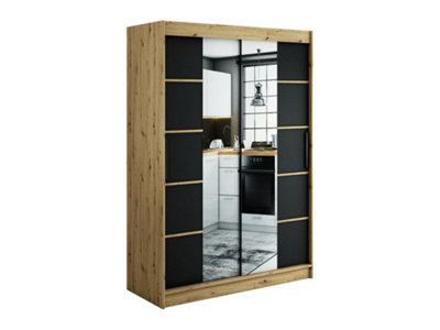 Leto V4 Contemporary 2 Sliding Mirror Door Wardrobe 5 Shelves 2 Rails Black Matt and Oak Effect (H)2000mm (W)1500mm (D)620mm