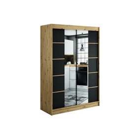 Leto V4 Contemporary 2 Sliding Mirror Door Wardrobe 5 Shelves 2 Rails Black Matt and Oak Effect (H)2000mm (W)1500mm (D)620mm