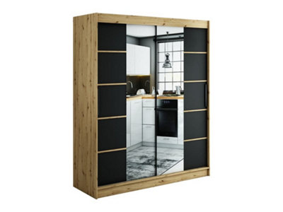 Leto V4 Contemporary 2 Sliding Mirror Door Wardrobe 9 Shelves 2 Rails Black Matt and Oak Effect (H)2000mm (W)1800mm (D)620mm