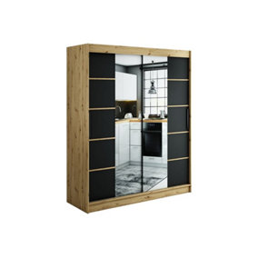 Leto V4 Contemporary 2 Sliding Mirror Door Wardrobe 9 Shelves 2 Rails Black Matt and Oak Effect (H)2000mm (W)1800mm (D)620mm