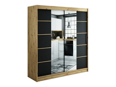 Leto V4 Contemporary 2 Sliding Mirror Door Wardrobe 9 Shelves 2 Rails Black Matt and Oak Effect (H)2000mm (W)2000mm (D)620mm