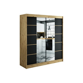 Leto V4 Contemporary 2 Sliding Mirror Door Wardrobe 9 Shelves 2 Rails Black Matt and Oak Effect (H)2000mm (W)2000mm (D)620mm