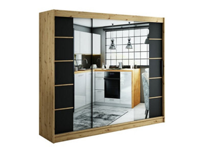 Leto V4 Contemporary 2 Sliding Mirror Door Wardrobe 9 Shelves 2 Rails Black Matt and Oak Effect (H)2000mm (W)2500mm (D)620mm