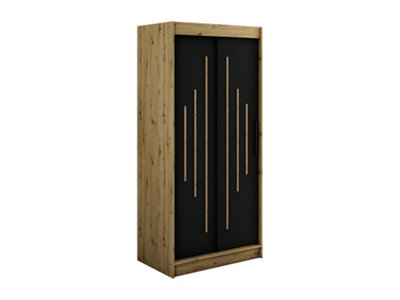 Leto Y Contemporary 2 Sliding Door Wardrobe 5 Shelves 2 Rails Black Matt and Oak Effect (H)2000mm (W)1000mm (D)620mm