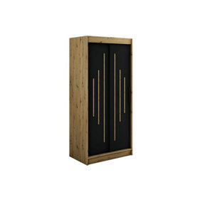Leto Y Contemporary 2 Sliding Door Wardrobe 5 Shelves 2 Rails Black Matt and Oak Effect (H)2000mm (W)1000mm (D)620mm