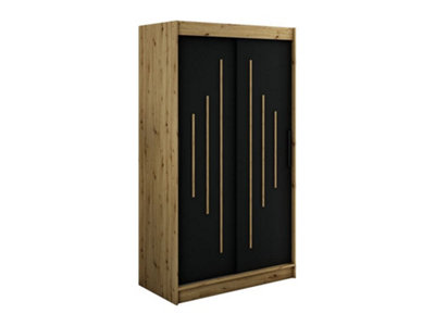 Leto Y Contemporary 2 Sliding Door Wardrobe 5 Shelves 2 Rails Black Matt and Oak Effect (H)2000mm (W)1200mm (D)620mm