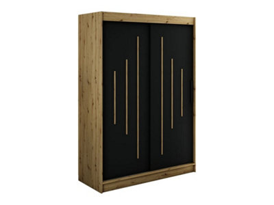 Leto Y Contemporary 2 Sliding Door Wardrobe 5 Shelves 2 Rails Black Matt and Oak Effect (H)2000mm (W)1500mm (D)620mm