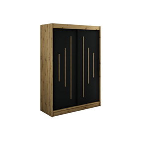 Leto Y Contemporary 2 Sliding Door Wardrobe 5 Shelves 2 Rails Black Matt and Oak Effect (H)2000mm (W)1500mm (D)620mm