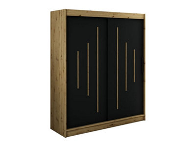 Leto Y Contemporary 2 Sliding Door Wardrobe 9 Shelves 2 Rails Black Matt and Oak Effect (H)2000mm (W)1800mm (D)620mm