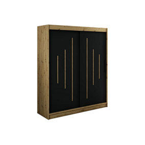 Leto Y Contemporary 2 Sliding Door Wardrobe 9 Shelves 2 Rails Black Matt and Oak Effect (H)2000mm (W)1800mm (D)620mm