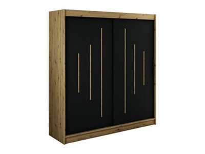 Leto Y Contemporary 2 Sliding Door Wardrobe 9 Shelves 2 Rails Black Matt and Oak Effect (H)2000mm (W)2000mm (D)620mm