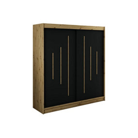 Leto Y Contemporary 2 Sliding Door Wardrobe 9 Shelves 2 Rails Black Matt and Oak Effect (H)2000mm (W)2000mm (D)620mm