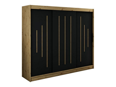 Leto Y Contemporary 3 Sliding Door Wardrobe 9 Shelves 2 Rails Black Matt and Oak Effect (H)2000mm (W)2500mm (D)620mm