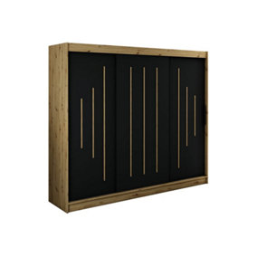 Leto Y Contemporary 3 Sliding Door Wardrobe 9 Shelves 2 Rails Black Matt and Oak Effect (H)2000mm (W)2500mm (D)620mm