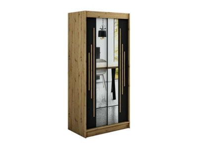 Leto Y1 Contemporary Mirrored 2 Sliding Door Wardrobe 5 Shelves 2 Rails Black Matt and Oak Effect (H)2000mm (W)1000mm (D)620mm