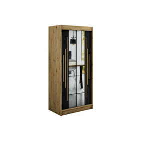 Leto Y1 Contemporary Mirrored 2 Sliding Door Wardrobe 5 Shelves 2 Rails Black Matt and Oak Effect (H)2000mm (W)1000mm (D)620mm