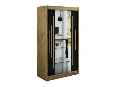 Leto Y1 Contemporary Mirrored 2 Sliding Door Wardrobe 5 Shelves 2 Rails Black Matt and Oak Effect (H)2000mm (W)1200mm (D)620mm