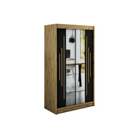 Leto Y1 Contemporary Mirrored 2 Sliding Door Wardrobe 5 Shelves 2 Rails Black Matt and Oak Effect (H)2000mm (W)1200mm (D)620mm