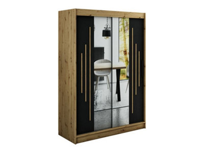 Leto Y1 Contemporary Mirrored 2 Sliding Door Wardrobe 5 Shelves 2 Rails Black Matt and Oak Effect (H)2000mm (W)1500mm (D)620mm