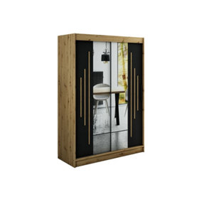 Leto Y1 Contemporary Mirrored 2 Sliding Door Wardrobe 5 Shelves 2 Rails Black Matt and Oak Effect (H)2000mm (W)1500mm (D)620mm