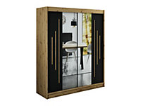 Leto Y1 Contemporary Mirrored 2 Sliding Door Wardrobe 9 Shelves 2 Rails Black Matt and Oak Effect (H)2000mm (W)1800mm (D)620mm