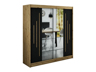 Leto Y1 Contemporary Mirrored 2 Sliding Door Wardrobe 9 Shelves 2 Rails Black Matt and Oak Effect (H)2000mm (W)2000mm (D)620mm