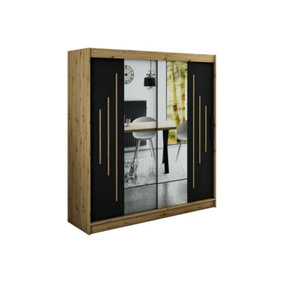Leto Y1 Contemporary Mirrored 2 Sliding Door Wardrobe 9 Shelves 2 Rails Black Matt and Oak Effect (H)2000mm (W)2000mm (D)620mm