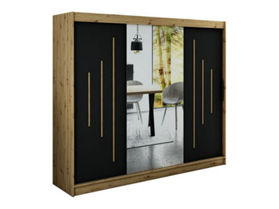 Leto Y1 Contemporary Mirrored 3 Sliding Door Wardrobe 9 Shelves 2 Rails Black Matt and Oak Effect (H)2000mm (W)2500mm (D)620mm