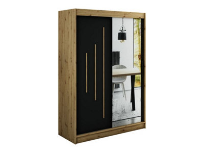 Leto Y2 Contemporary Mirrored 2 Sliding Door Wardrobe 5 Shelves 2 Rails Black Matt and Oak Effect (H)2000mm (W)1500mm (D)620mm