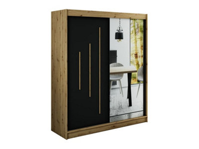 Leto Y2 Contemporary Mirrored 2 Sliding Door Wardrobe 9 Shelves 2 Rails Black Matt and Oak Effect (H)2000mm (W)1800mm (D)620mm