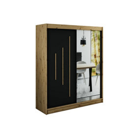 Leto Y2 Contemporary Mirrored 2 Sliding Door Wardrobe 9 Shelves 2 Rails Black Matt and Oak Effect (H)2000mm (W)1800mm (D)620mm