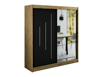 Leto Y2 Contemporary Mirrored 2 Sliding Door Wardrobe 9 Shelves 2 Rails Black Matt and Oak Effect (H)2000mm (W)2000mm (D)620mm