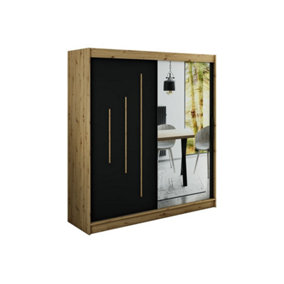 Leto Y2 Contemporary Mirrored 2 Sliding Door Wardrobe 9 Shelves 2 Rails Black Matt and Oak Effect (H)2000mm (W)2000mm (D)620mm