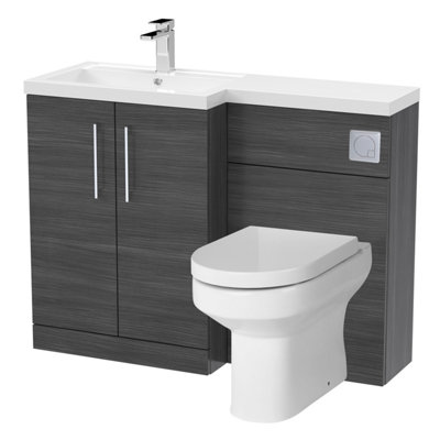 Level Bathroom Bundle Floor Standing Vanity Basin and WC Unit with Pan, Seat and Cistern - Left Hand - Anthracite Woodgrain Price Comparisons | Compare The Build