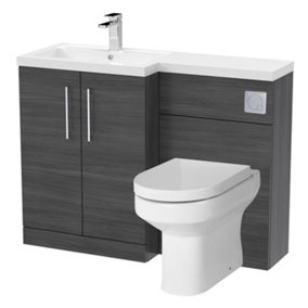 Level Bathroom Bundle Floor Standing Vanity Basin and WC Unit with Pan, Seat and Cistern - Left Hand - Anthracite Woodgrain