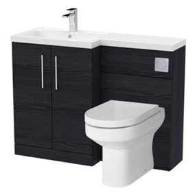 Level Bathroom Bundle Floor Standing Vanity Basin and WC Unit with Pan, Seat and Cistern - Left Hand - Charcoal Black Woodgrain