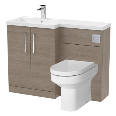 Level Bathroom Bundle Floor Standing Vanity Basin and WC Unit with Pan, Seat and Cistern - Left Hand - Solace Oak - Balterley