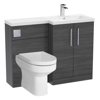 Level Bathroom Bundle Floor Standing Vanity Basin and WC Unit with Pan, Seat and Cistern - Right Hand - Anthracite Woodgrain