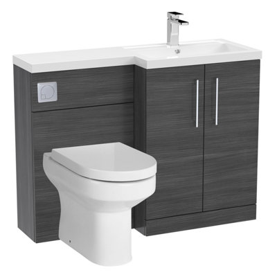 Level Bathroom Bundle Floor Standing Vanity Basin and WC Unit with Pan, Seat and Cistern - Right Hand - Anthracite Woodgrain Price Comparisons | Compare The Build