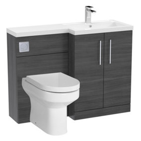 Level Bathroom Bundle Floor Standing Vanity Basin and WC Unit with Pan, Seat and Cistern - Right Hand - Anthracite Woodgrain