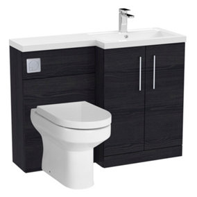 Level Bathroom Bundle Floor Standing Vanity Basin and WC Unit with Pan, Seat and Cistern - Right Hand - Charcoal Black Woodgrain